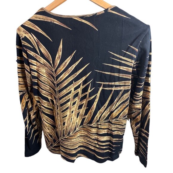 Chico’s Design Black Gold Palm Leaves Pullover V Neck Long Sleeve Shirt Sz S - Picture 2 of 11